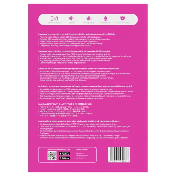 Lovense Lush Anal - Plug anal vibrant contrôlable par application, avec LED - rose