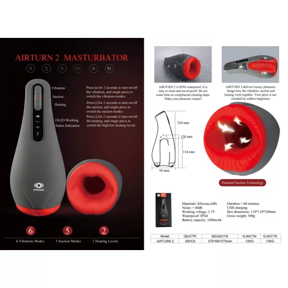 OTOUCH Airturn 2 - masturbateur automatique à succion rechargeable - noir