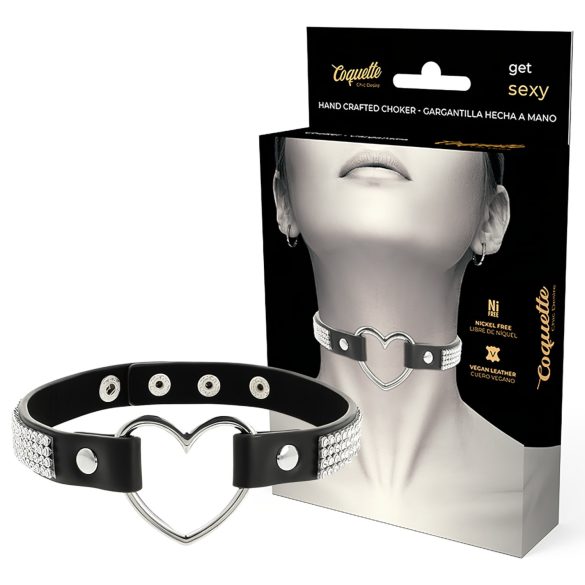 Coquette – Collier ras-du-cou noir orné de strass avec pendentif cœur