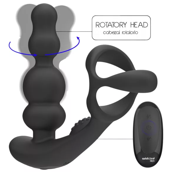 Addicted Toys - anneau pénien avec plug anal vibrant rotatif - noir