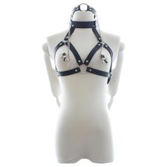  Latetobed - harnais poitrine avec bâillon et pinces à seins (noir)
