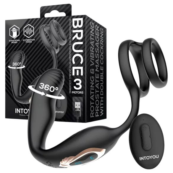 IntoYou Bruce - stimulateur prostatique rotatif radio-commandé avec double anneau (noir)