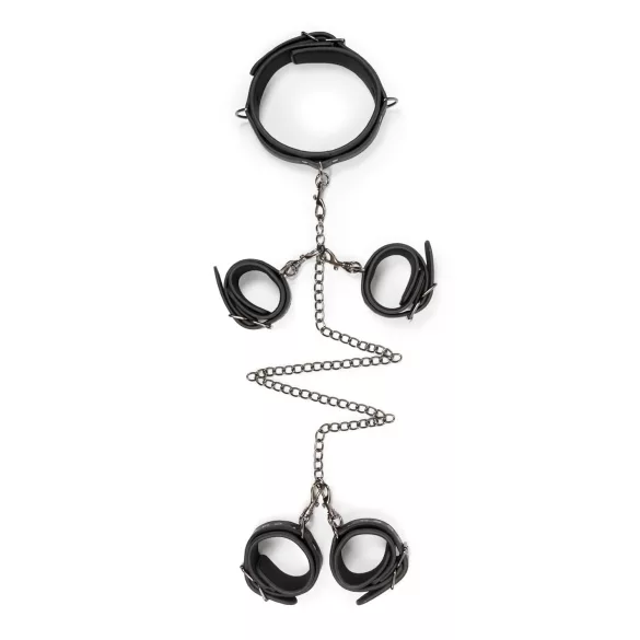 Easytoys - kit bondage collier menottes poignets chevilles - simili cuir noir