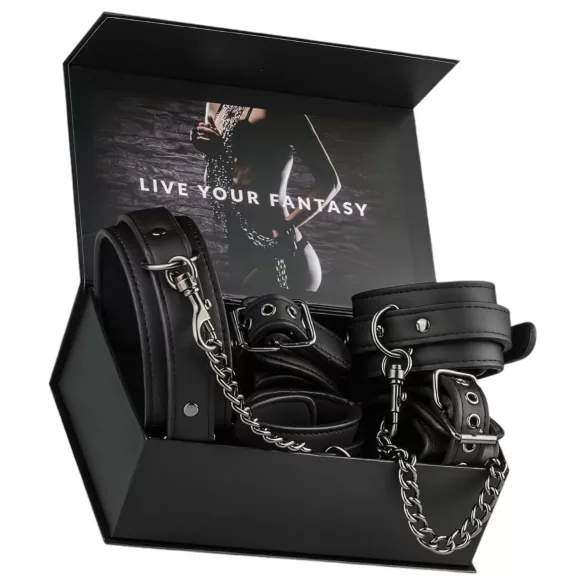 Easytoys - kit bondage collier menottes poignets chevilles - simili cuir noir