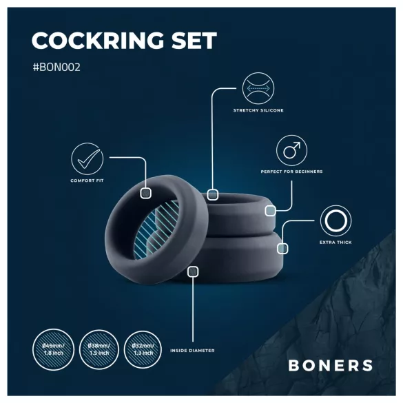 Boners - anneaux péniens silicone - set de 3 pièces - gris