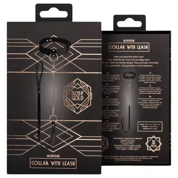 Rosy Gold - collier et laisse - cuir noir et or rose