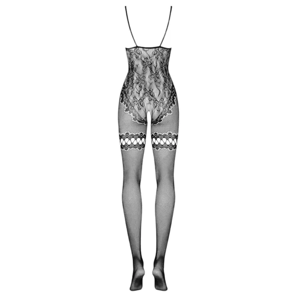 Obsessive F213 - combinaison noire à résille et motif floral (S-L)
