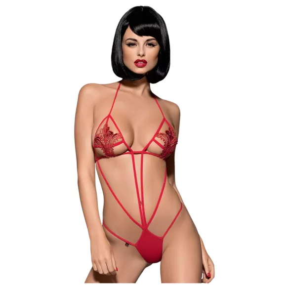 Obsessive Luiza - body rouge à bretelles, motif tulipes (S/M)
