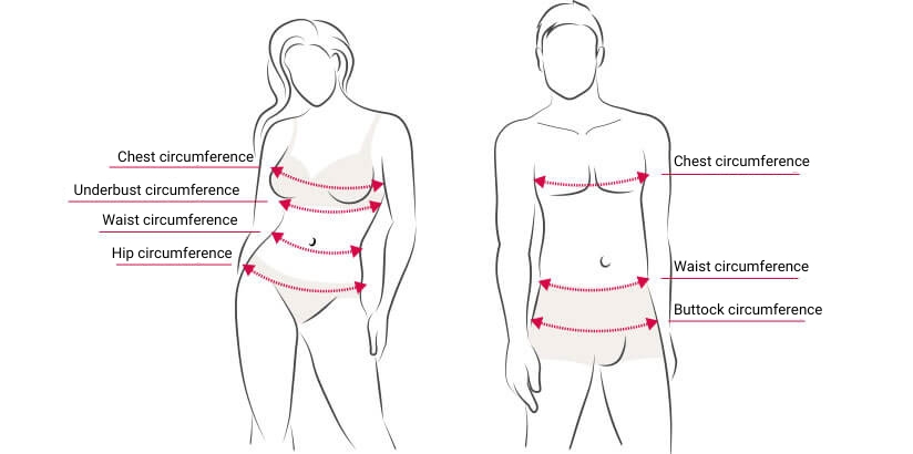 Illustration des mesures corporelles pour femmes et hommes : tour de poitrine, sous-poitrine, taille et hanches - guide pour choisir la bonne taille de lingerie